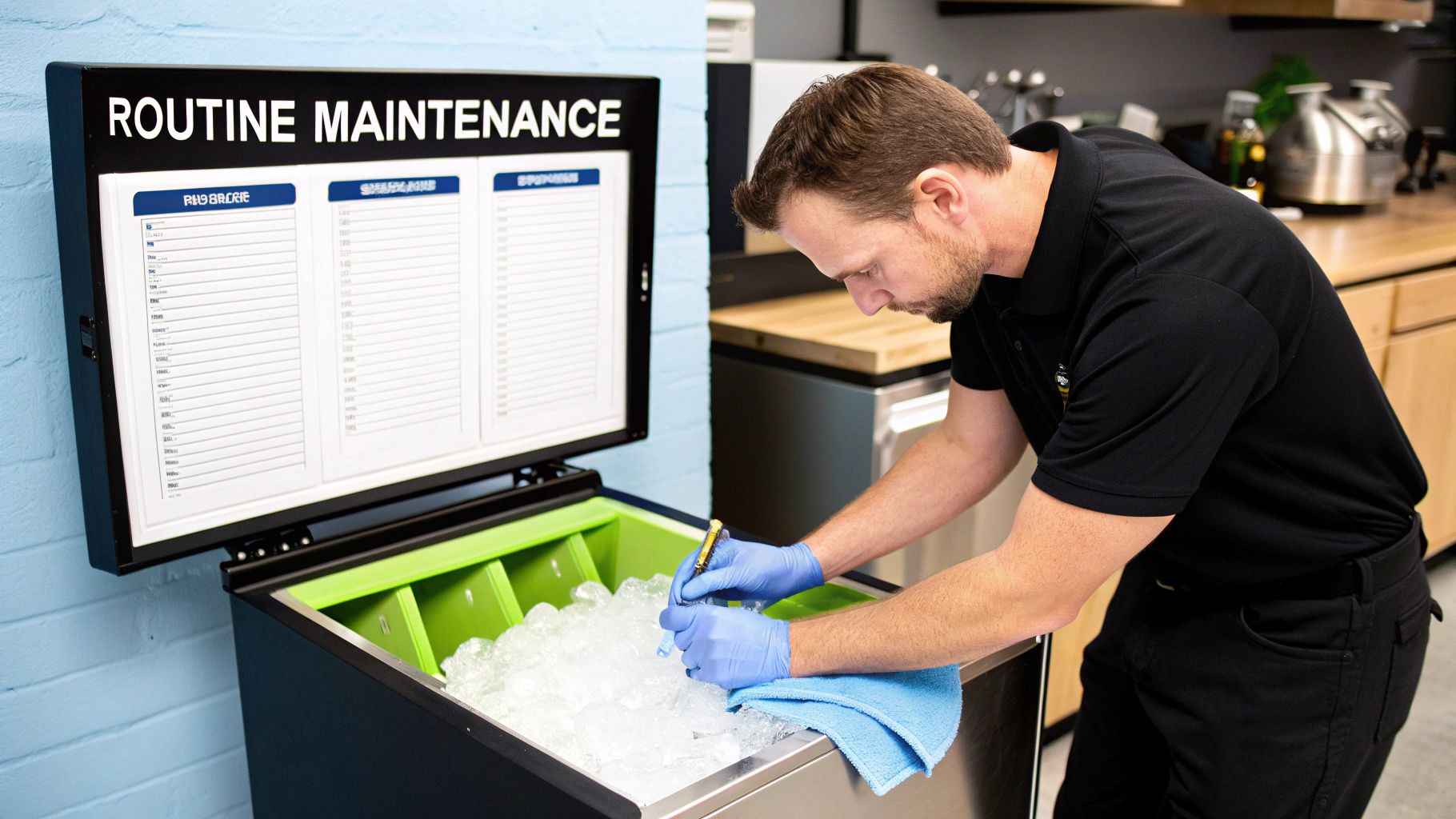 Man in blue gloves performing routine maintenance on a commercial ice machine with a digital checklist.