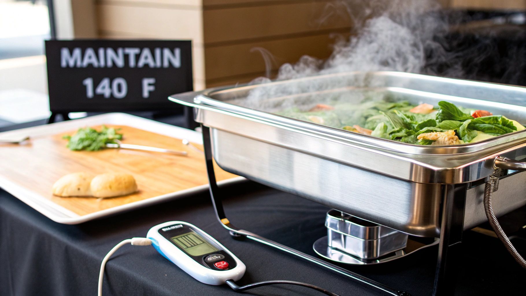 A steaming chafing dish with green vegetables and other food, a sign says "MAINTAIN 140 F", and a thermometer is visible.