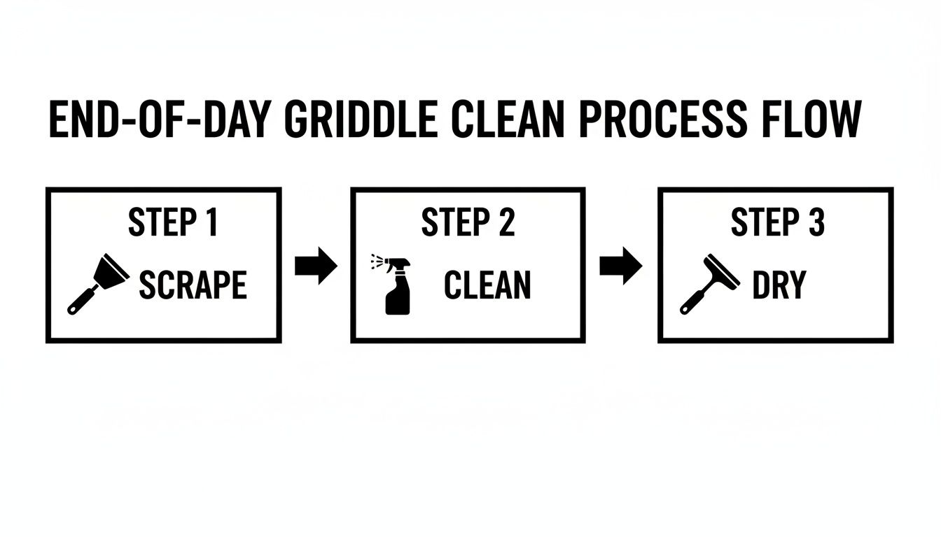 An end-of-day griddle cleaning process flow diagram outlining three steps: scrape, clean, and dry.