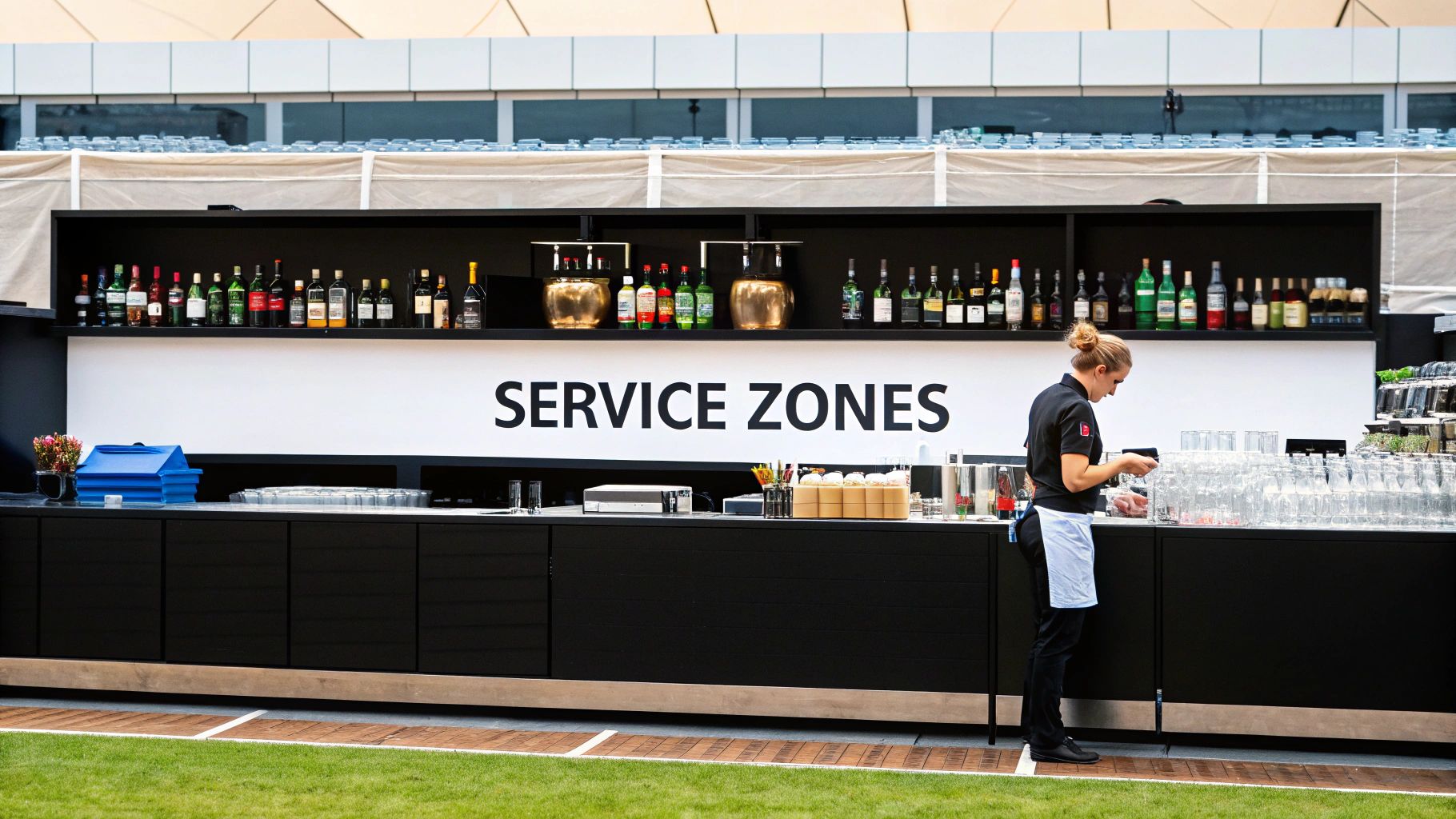 A female bartender at an outdoor bar with a "SERVICE ZONES" sign and rows of bottles and glasses.