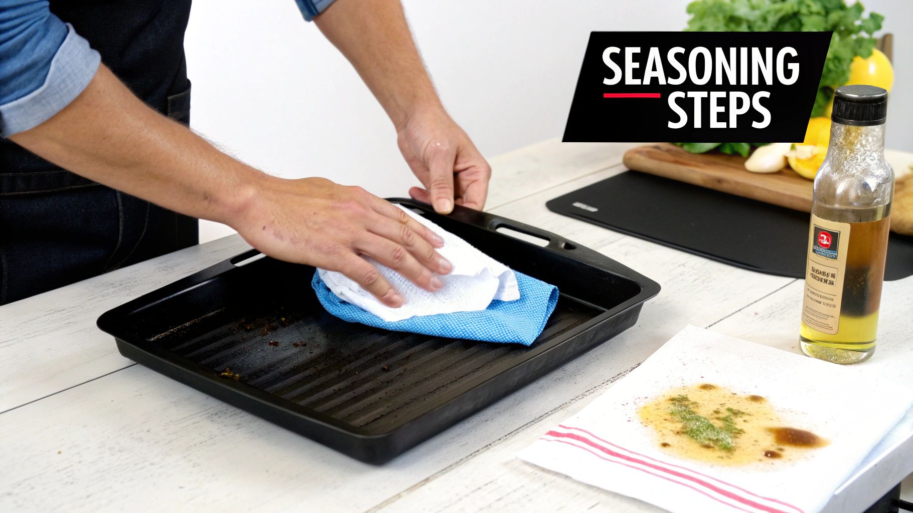 A chef seasoning a large commercial griddle with oil