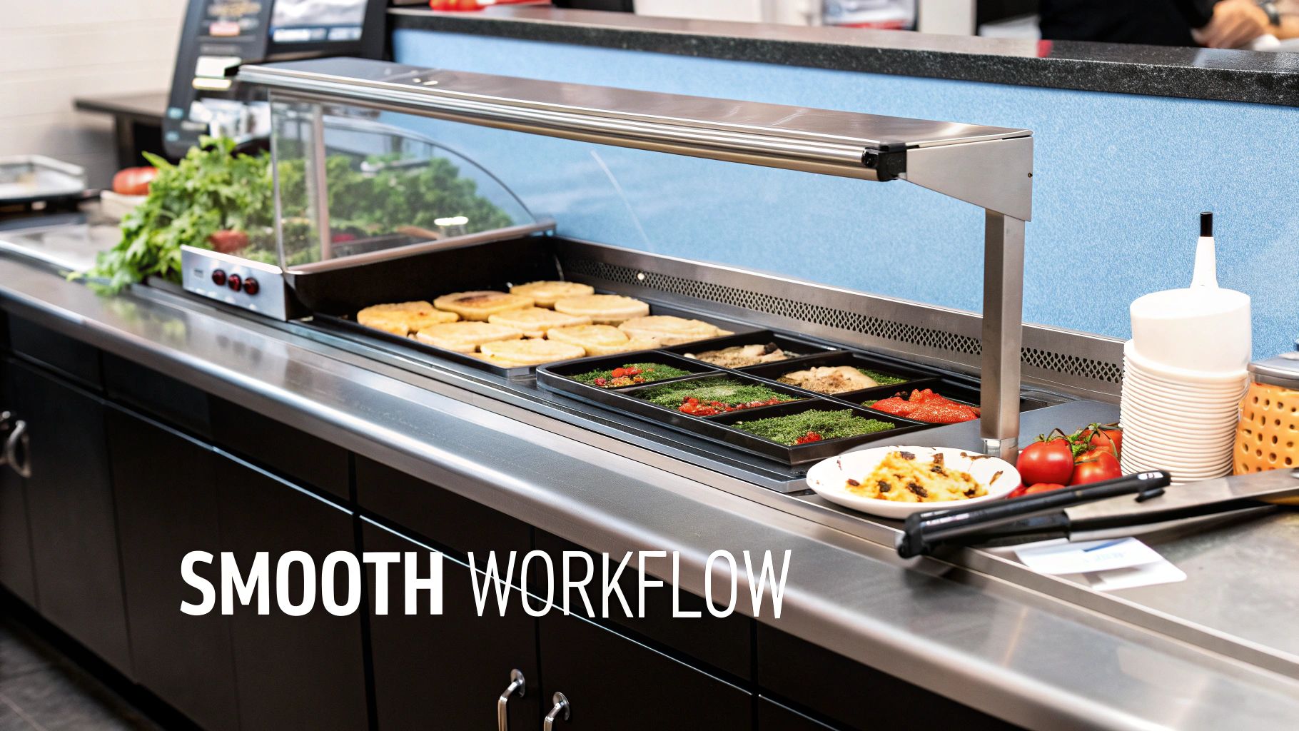 Hot food counter in a buffet line, showcasing pancakes, fresh greens, and sauces with serving tools.