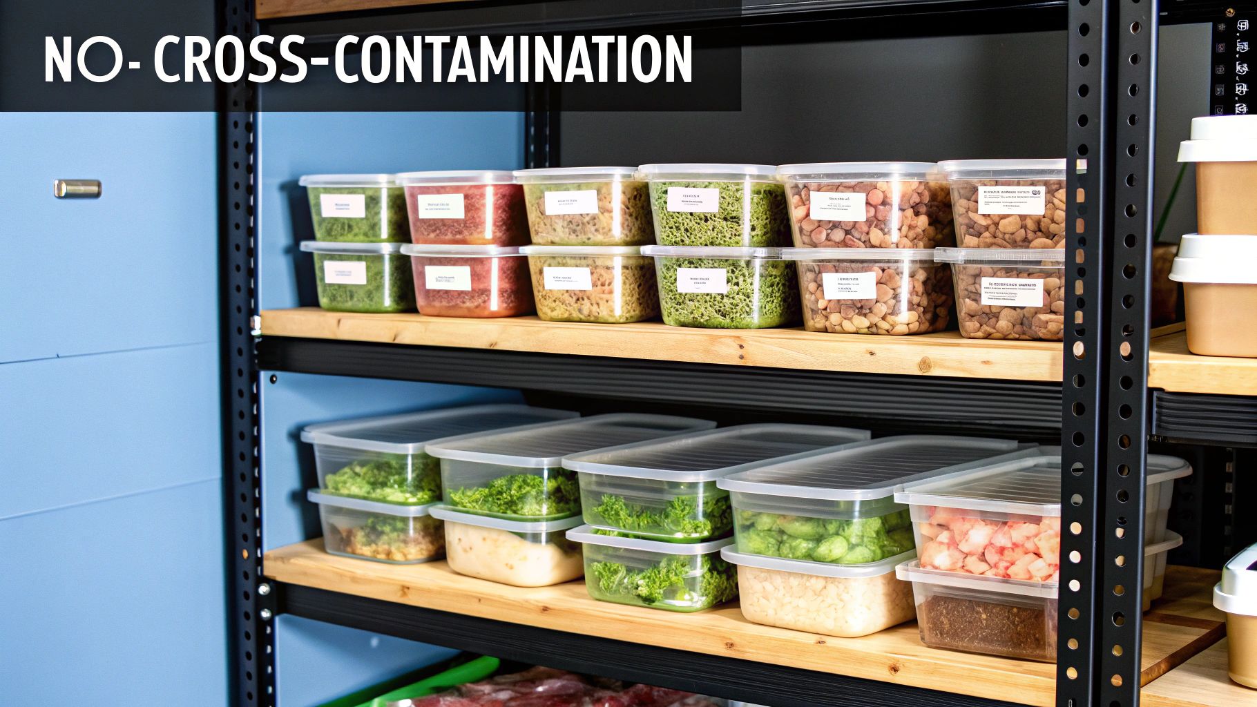 Neatly organized food storage shelves with labeled containers, emphasizing no cross-contamination practices in a kitchen.