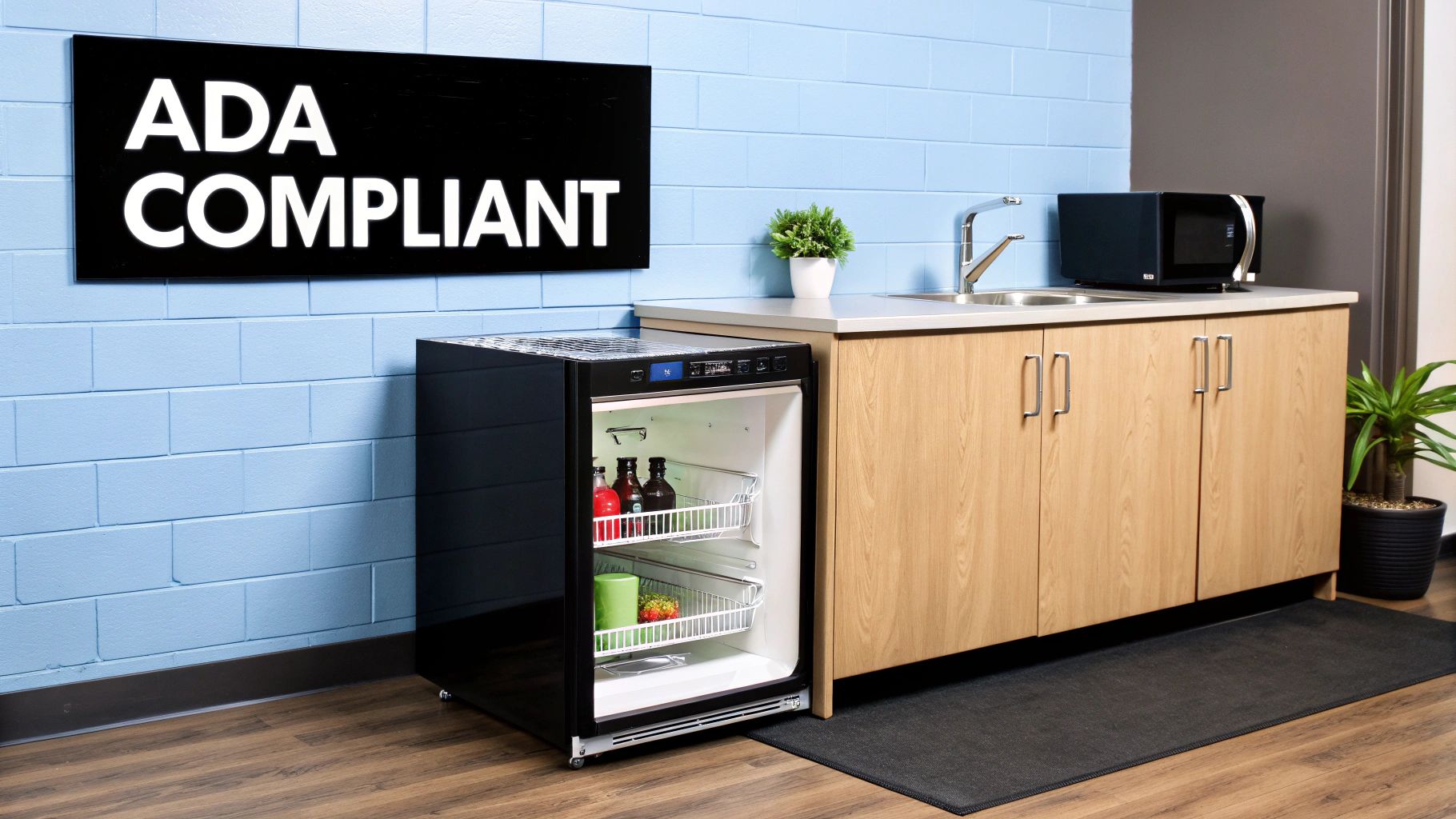 An ADA-compliant undercounter refrigerator installed under a 34-inch high countertop.