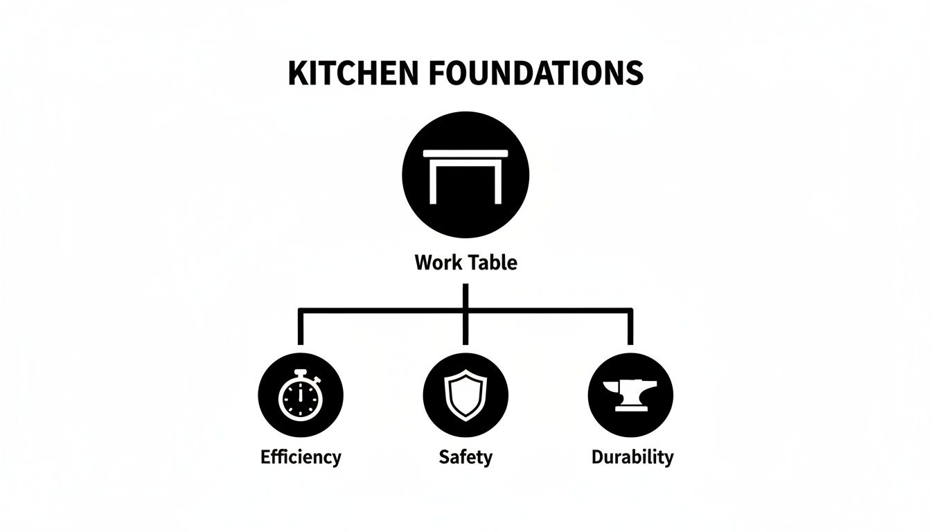 A diagram illustrating kitchen foundations with a work table supporting efficiency, safety, and durability.