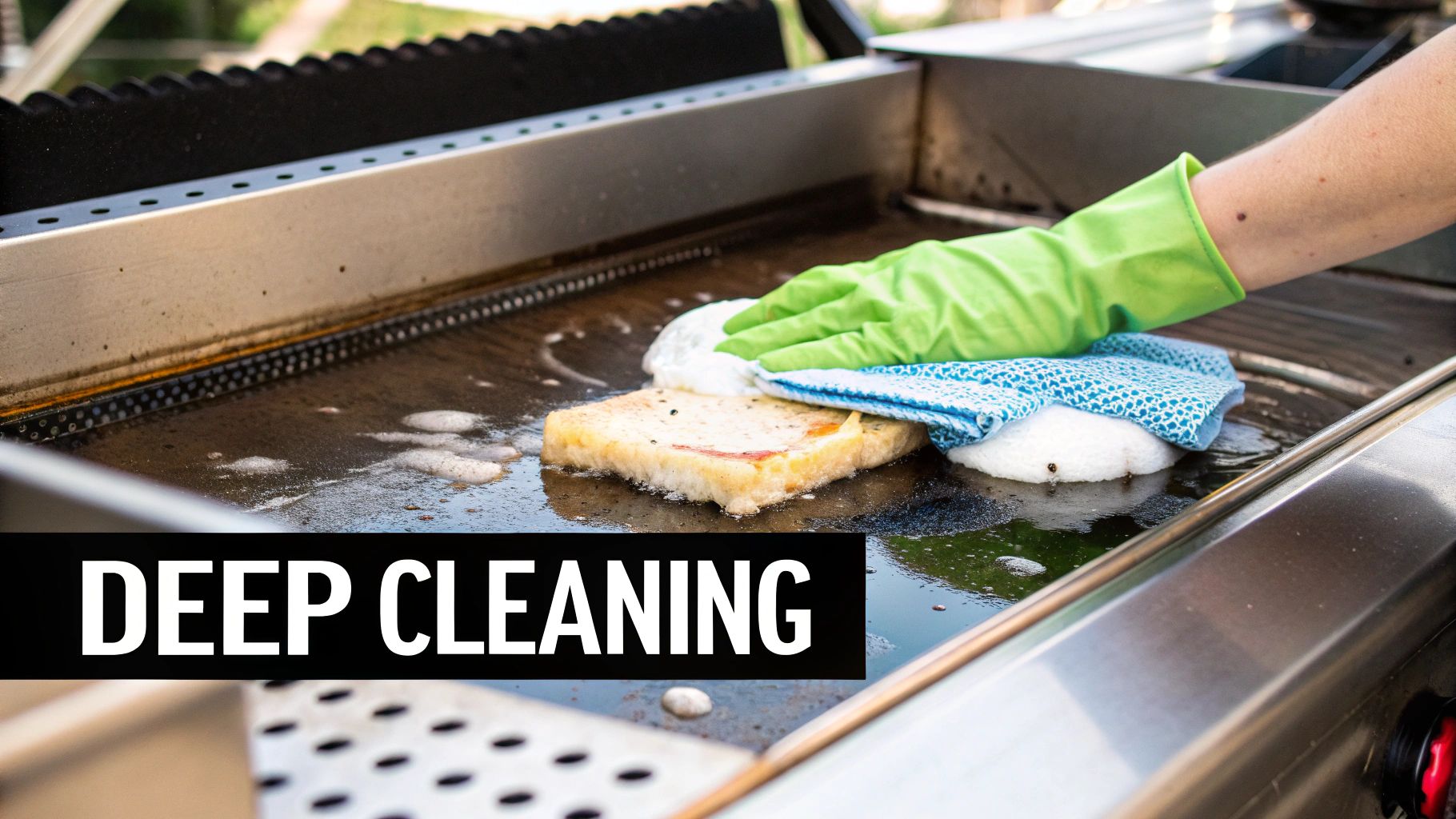 A person scraping a commercial flat-top griddle with a scraper