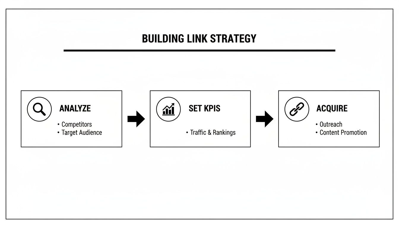 Flowchart illustrating the three-step link building strategy: Analyze, Set KPIs, and Acquire.