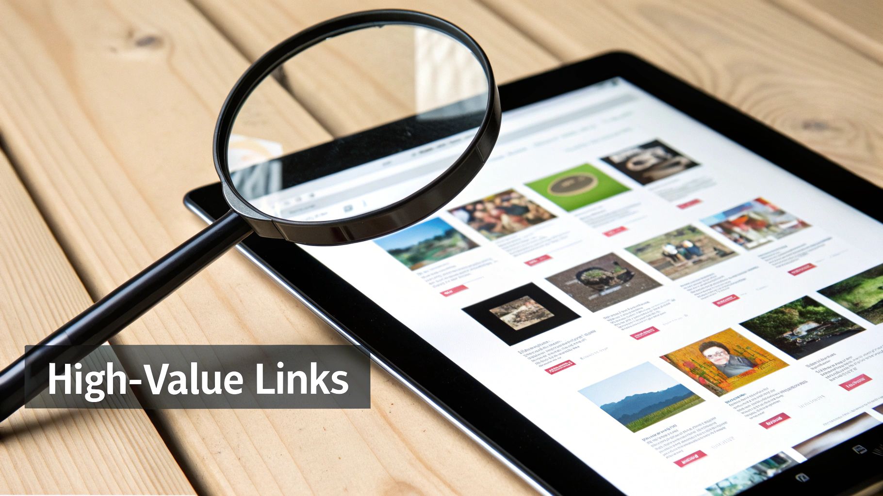 A magnifying glass on a tablet screen displaying various image links and web content, highlighting high-value links.