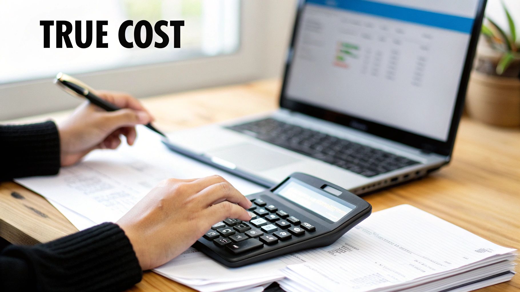 A person calculates on a desk with a calculator, laptop, and papers, displaying 'TRUE COST'.