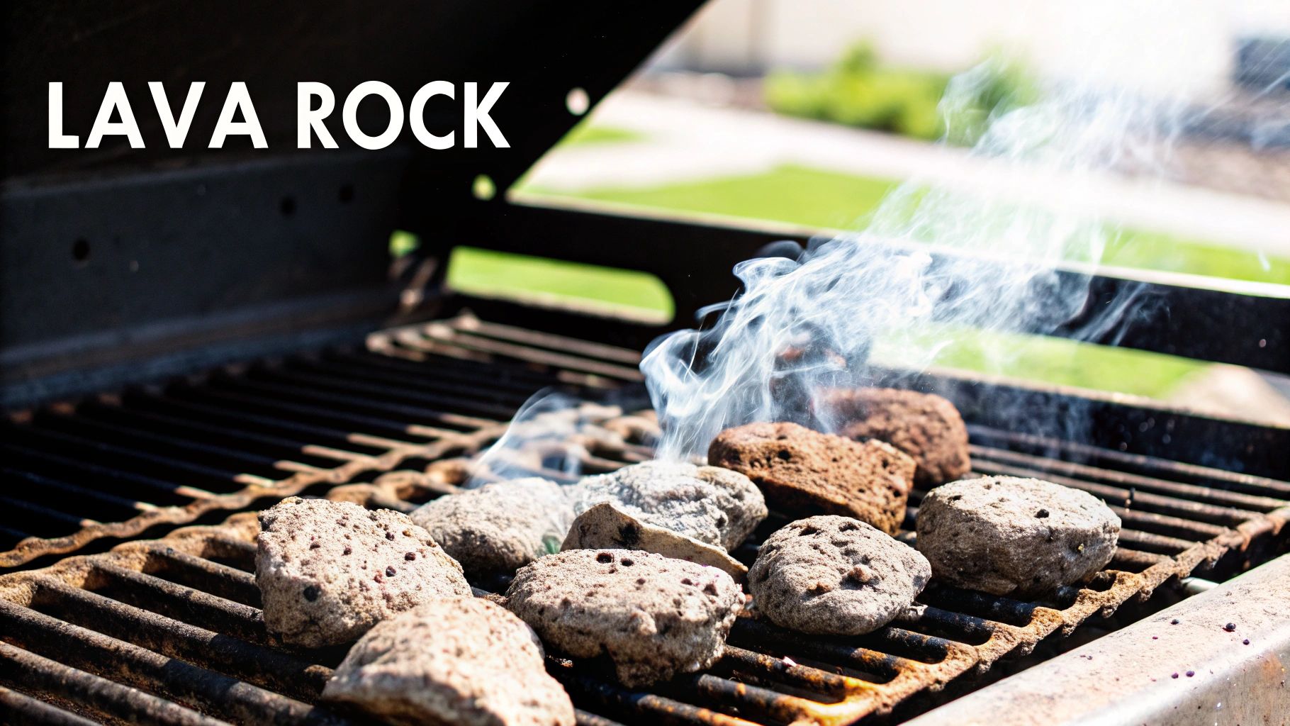 Close-up of porous lava rocks arranged on a grill grate.