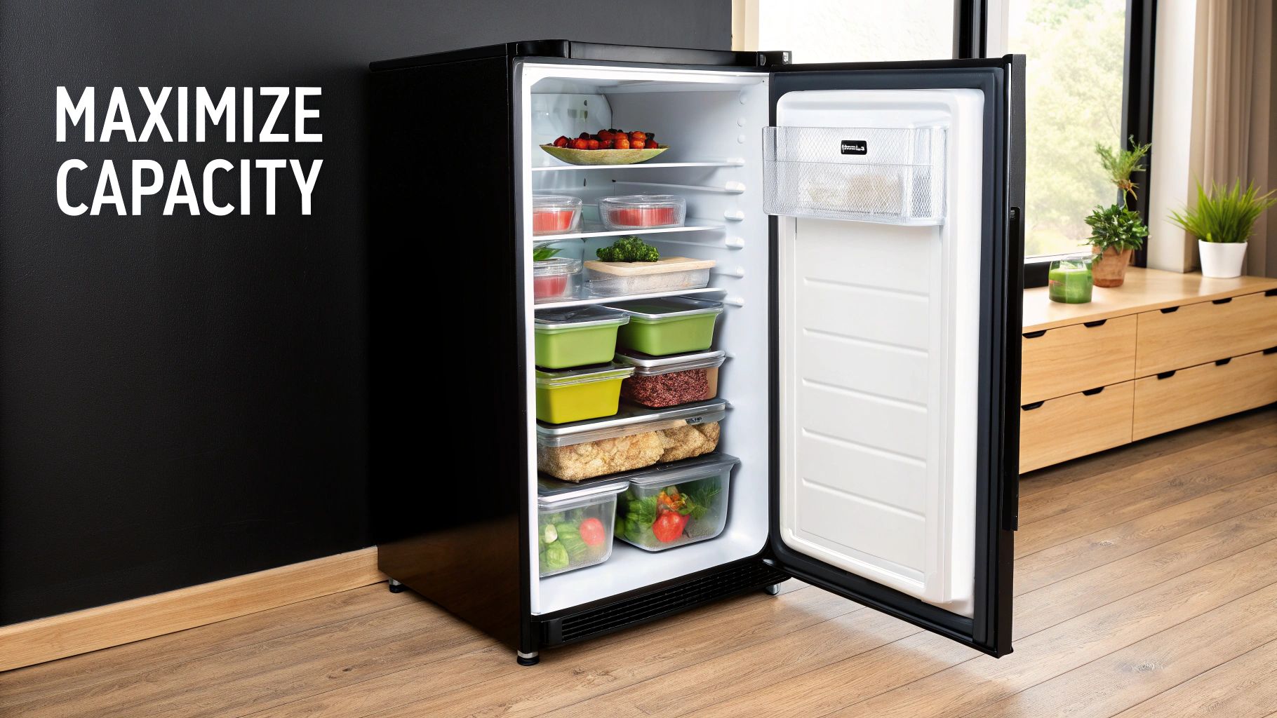 A black compact freezer, open and fully stocked with various food containers, fruits, and vegetables.
