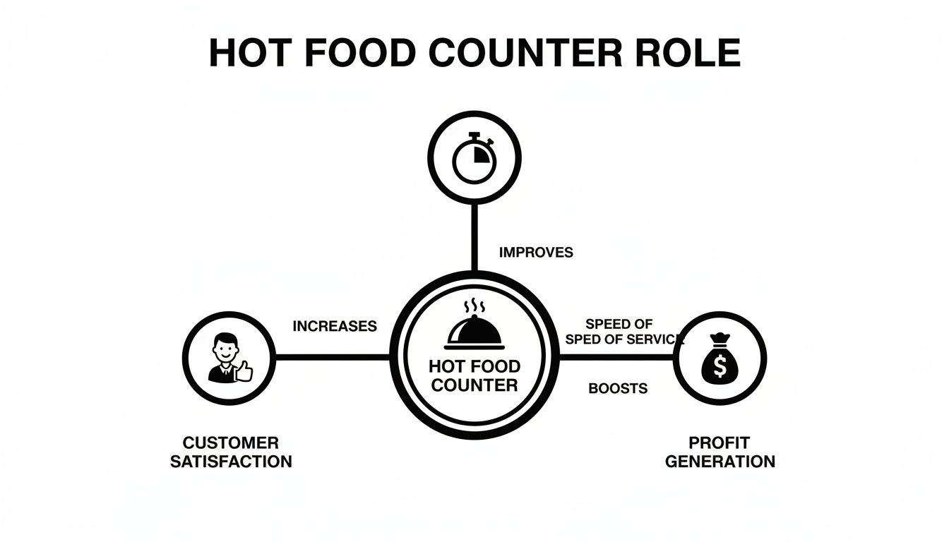 A diagram illustrating the role of a hot food counter in improving service speed, increasing customer satisfaction, and boosting profit generation.