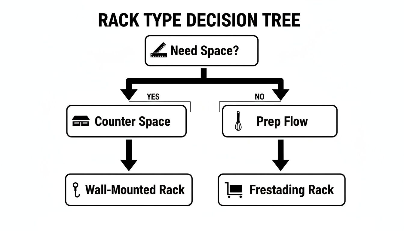 Decision tree showing how to select a kitchen rack, considering space needs and workflow.
