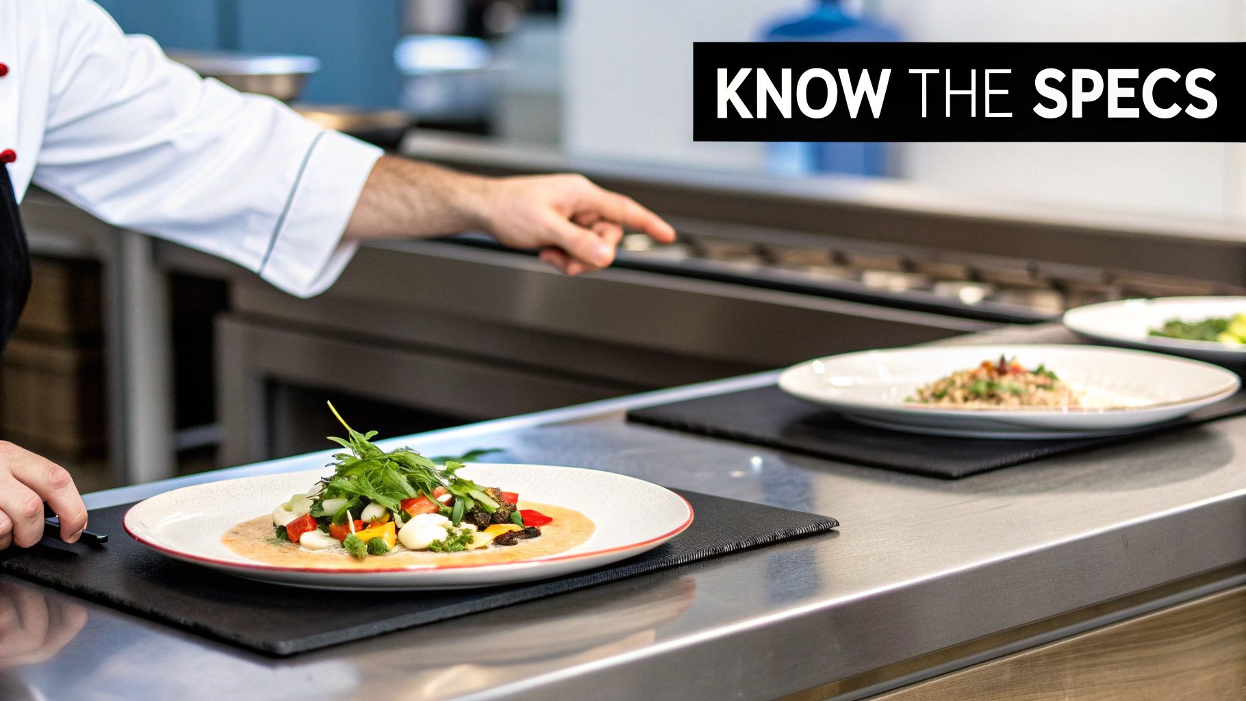 A chef points to plated food on a stainless steel counter in a commercial kitchen with 'KNOW THE SPECS' text.