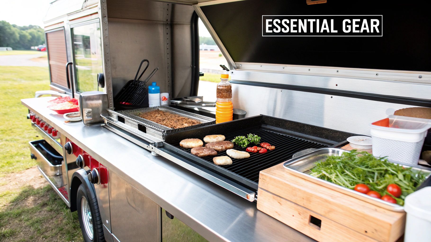 A fully equipped interior of a pizza food truck, featuring a pizza oven and prep stations.