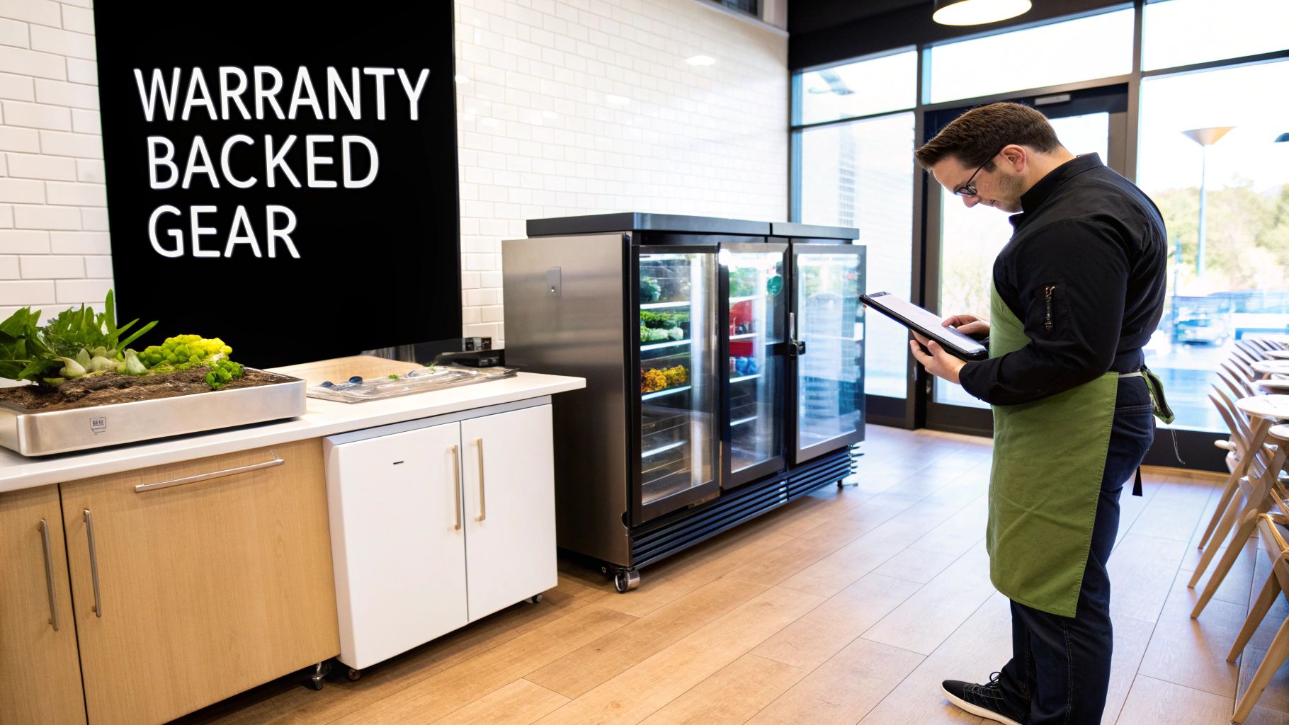 Chef reviews inventory on a tablet next to commercial refrigerators and fresh produce.