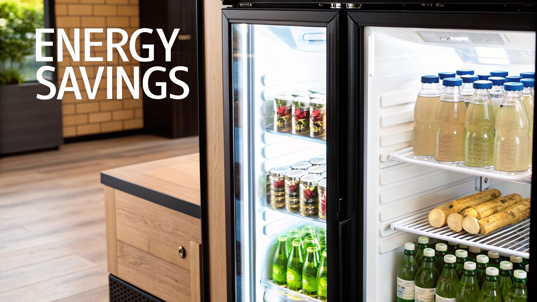 A commercial glass door refrigerator displaying various bottled drinks and food, with 'ENERGY SAVINGS' text.