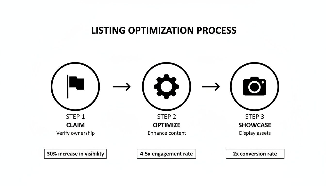 Infographic illustrating a three-step listing optimization process: Claim, Optimize, and Showcase, with performance metrics.