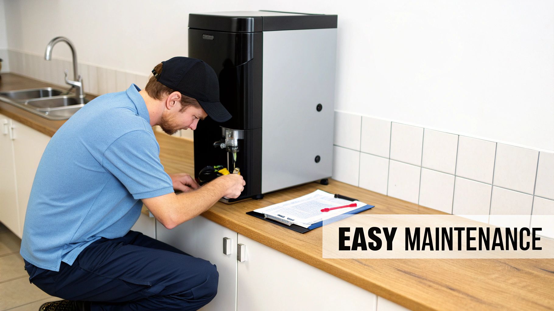 A technician performs easy maintenance on a commercial hot water dispenser in a modern kitchen setting.