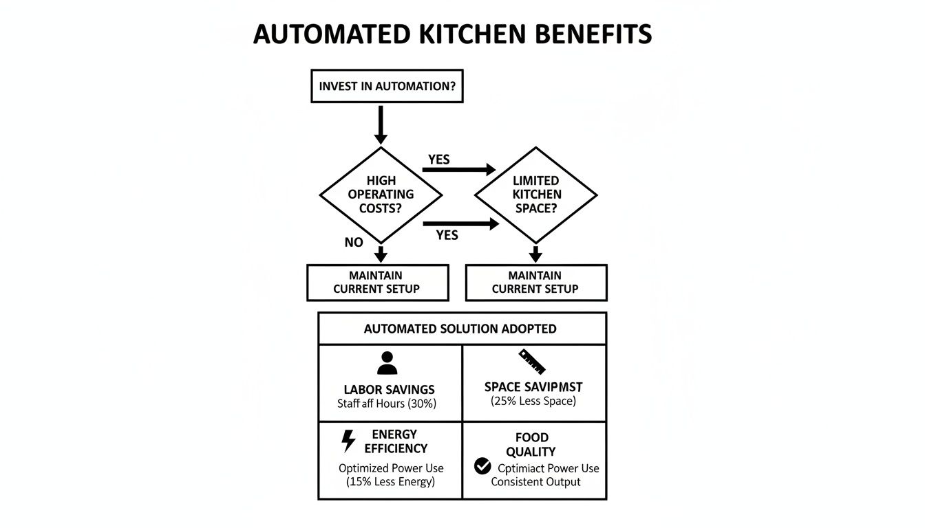 Flowchart depicting automated kitchen benefits, decision factors, and savings in labor, space, and energy.