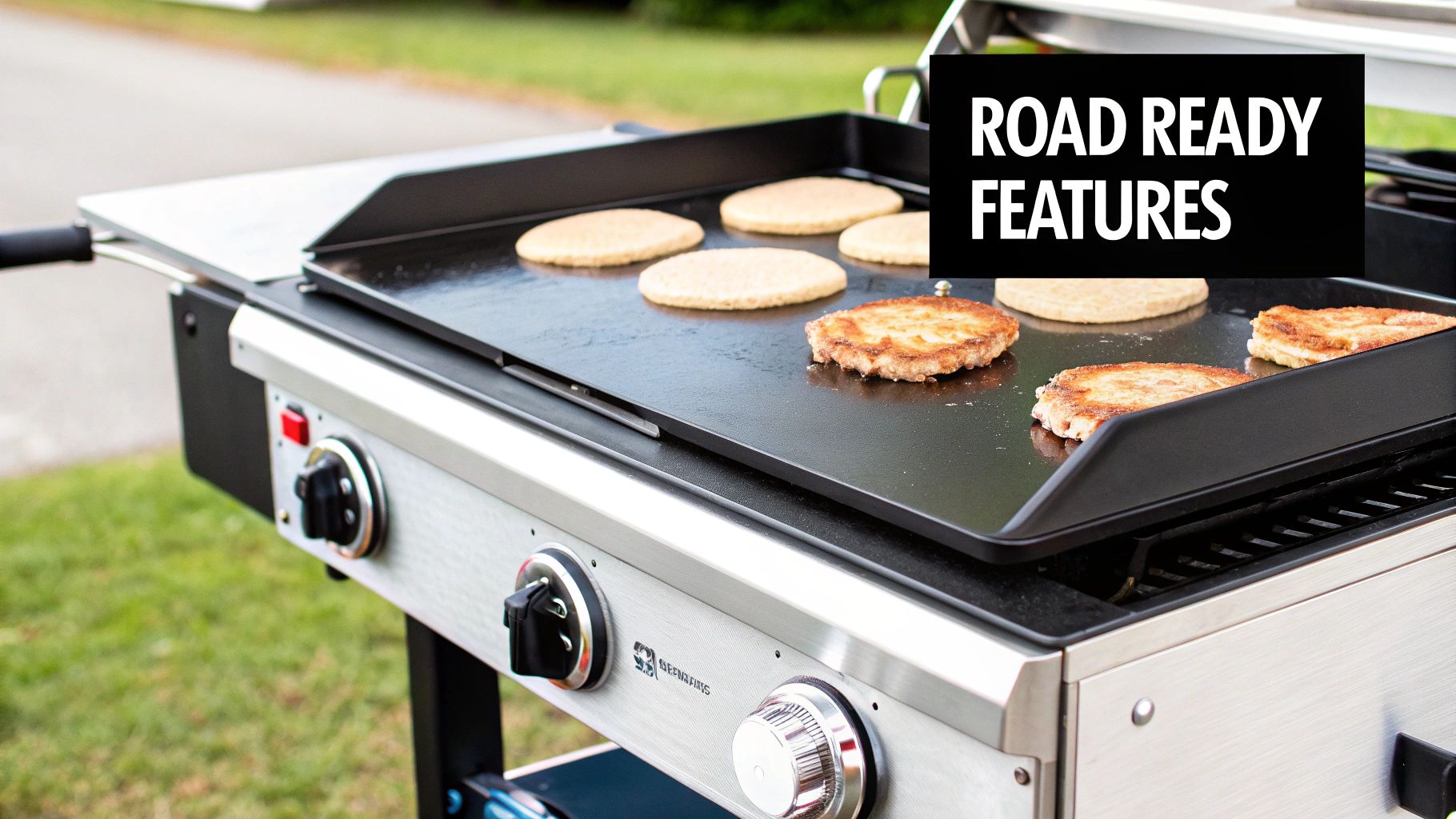 Close-up of a portable outdoor griddle cooking breakfast food like pancakes and hash browns.