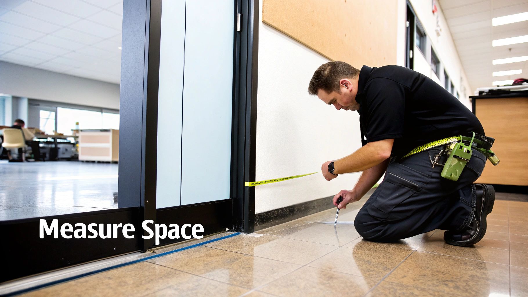 A man kneels to measure the floor space near a door frame with a tape measure and pen.