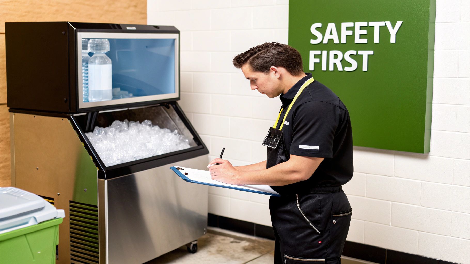 A man in uniform checks a commercial ice machine, writing on a clipboard, with a 'SAFETY FIRST' sign behind him.