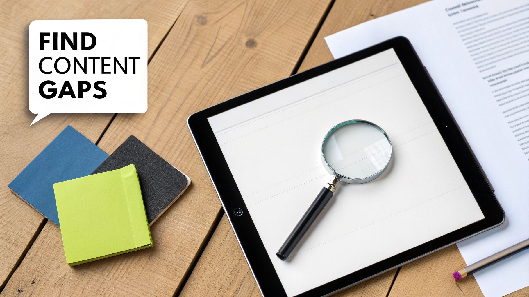 Flat lay of a desk with a tablet, magnifying glass, and speech bubble "FIND CONTENT GAPS".