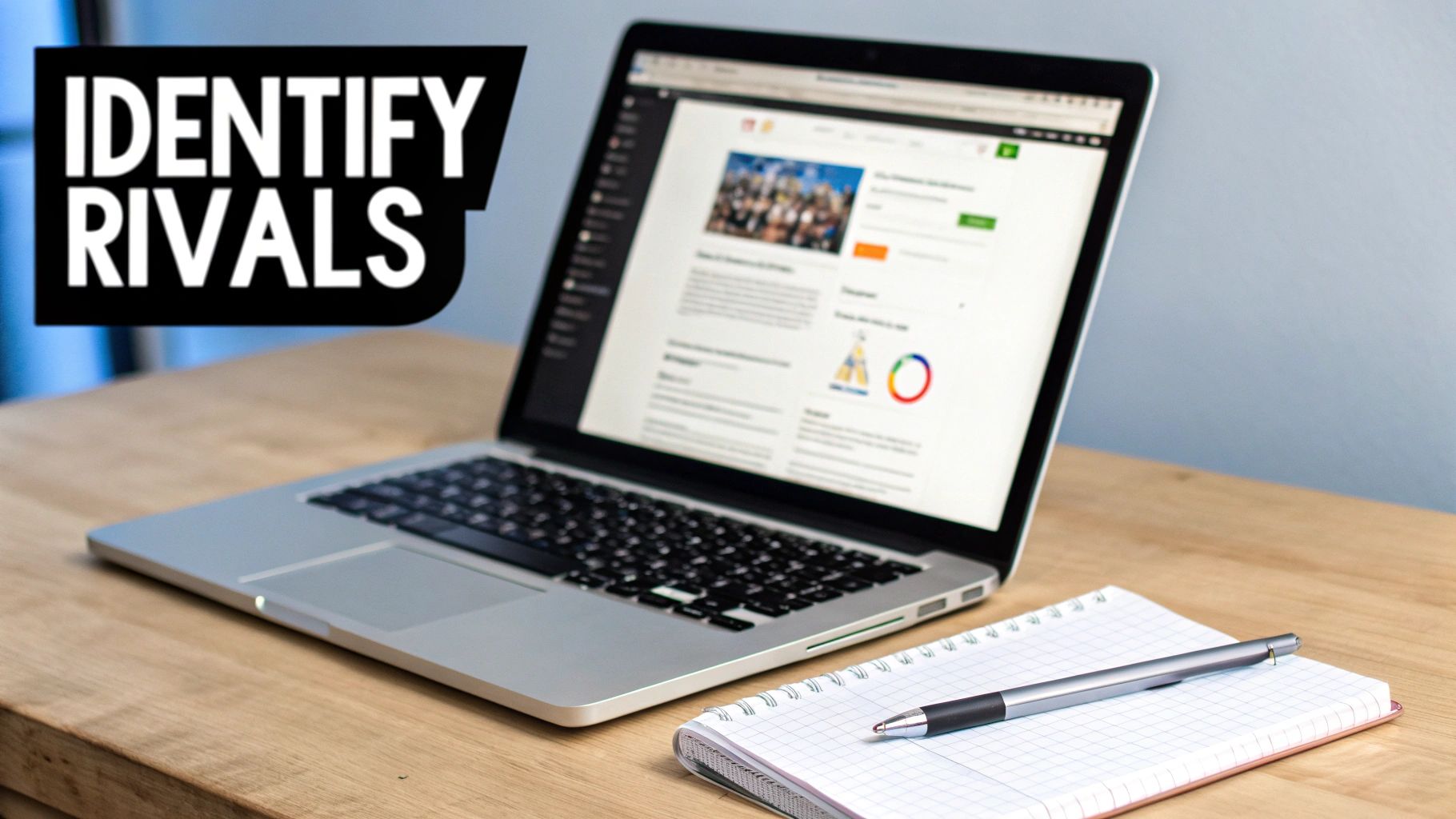 A laptop displaying business analytics and 'IDENTIFY RIVALS' text, with a notebook and pen on a wooden desk.