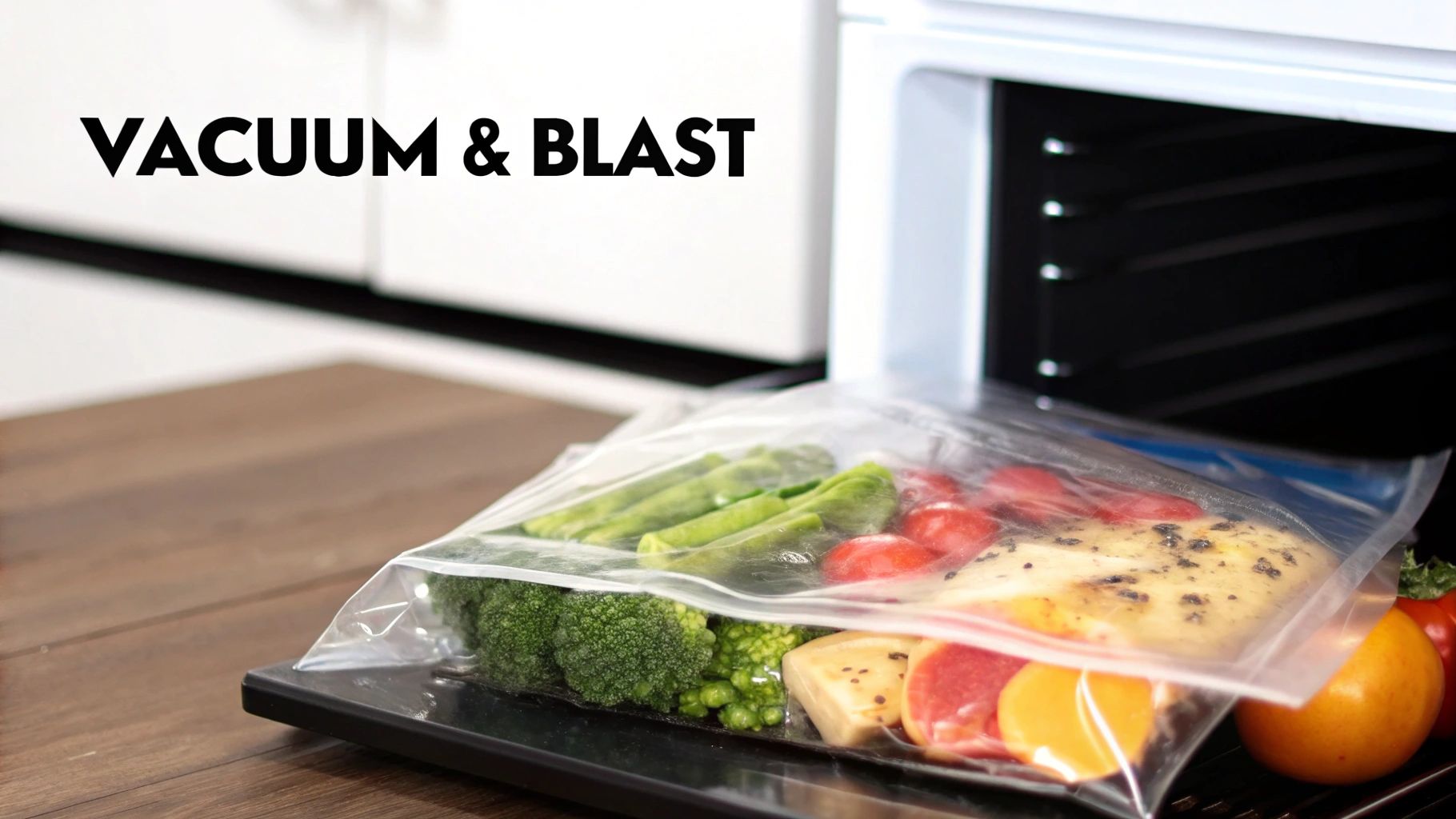 Text 'VACUUM & BLAST' appears above a vacuum-sealed bag of vegetables and seasoned protein.