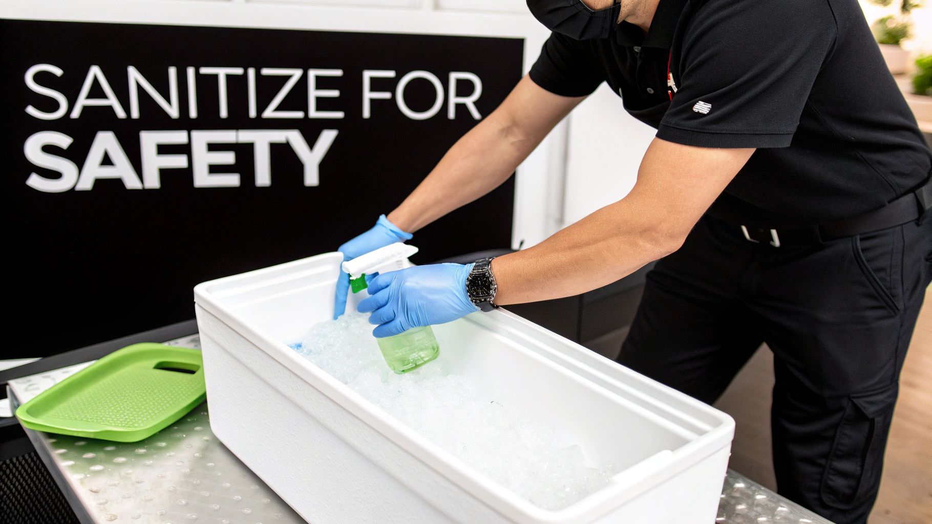 A gloved person sprays a green bottle into ice in a white container, beside a 'SANITIZE FOR SAFETY' sign.