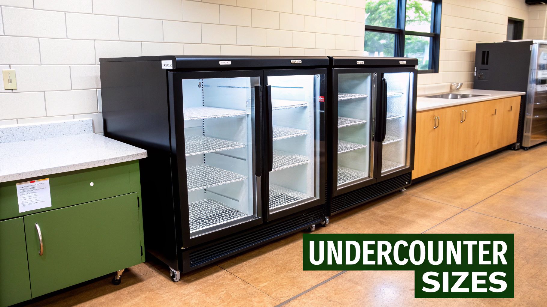 Three black undercounter display refrigerators with glass doors and white shelves in a commercial kitchen.