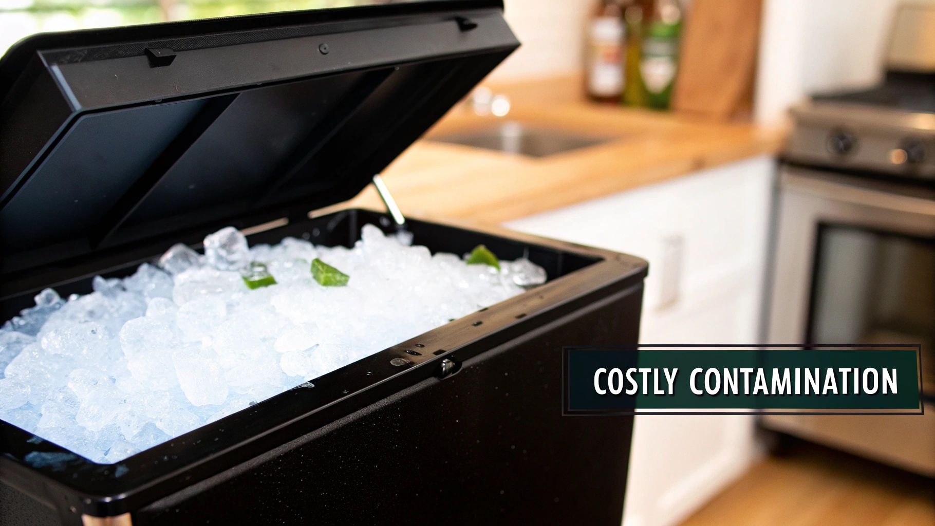 A clean, modern commercial ice machine in a professional kitchen setting