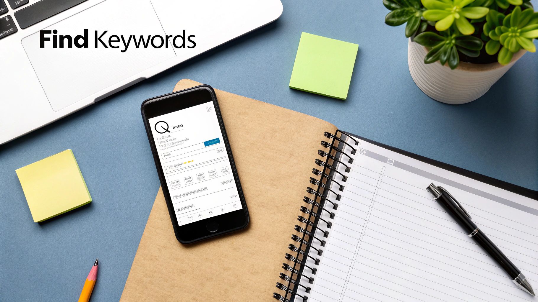 A top-down view of a desk with a laptop showing 'Find Keywords', a smartphone, notebook, and office supplies, perfect for SEO research.
