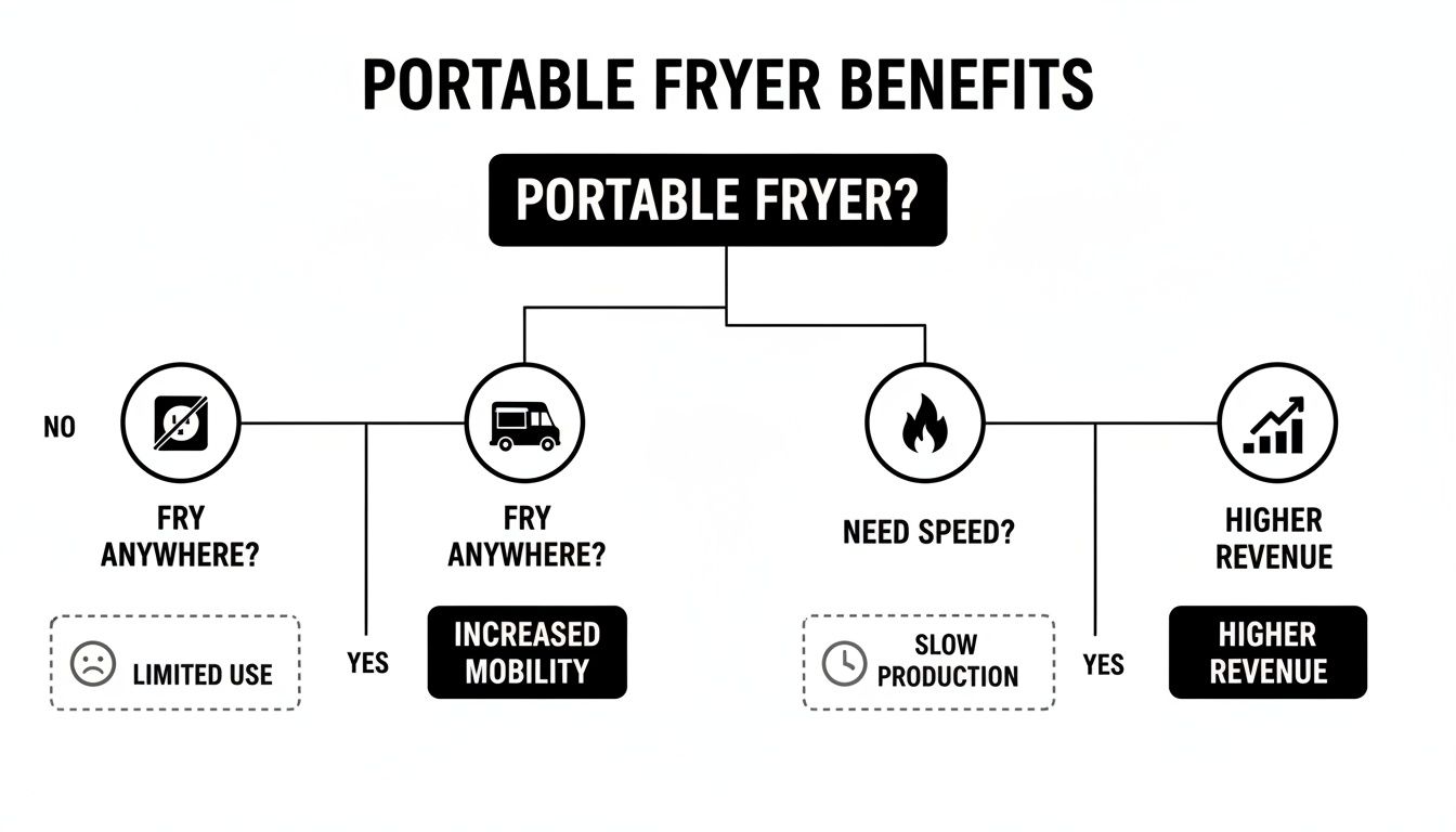 Flowchart illustrating the benefits and outcomes of using a portable deep fryer for mobility and revenue.