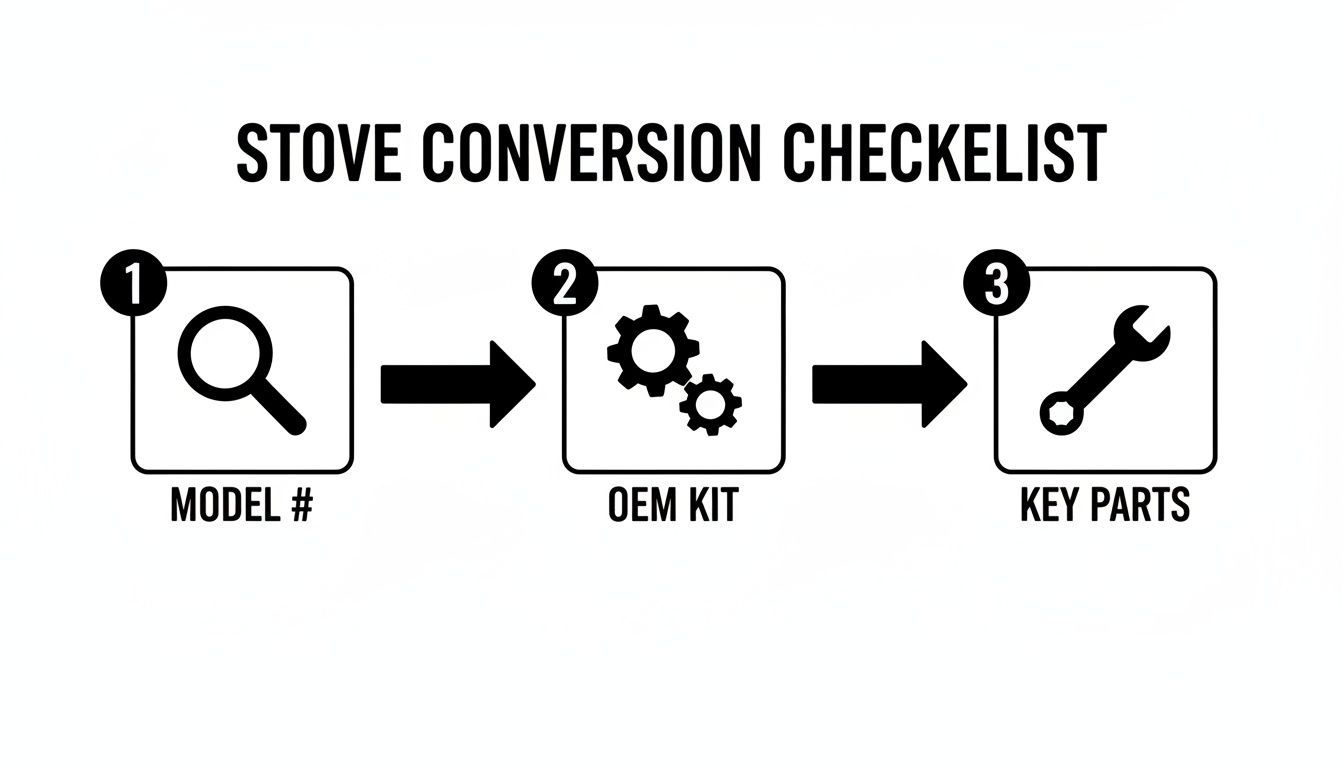 Stove conversion checklist showing three steps: finding the model number, getting an OEM kit, and identifying key parts.