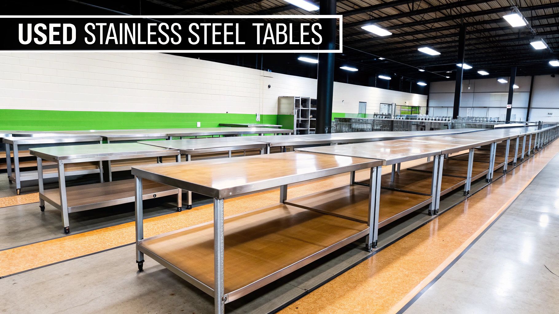 A clean, used stainless steel table ready for use in a commercial kitchen.