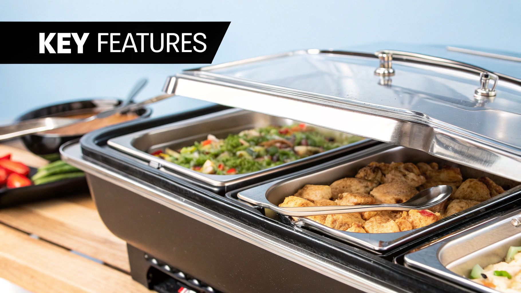 Several food warmer pans with different lid types, including flat, hinged, and notched lids, on a commercial kitchen counter.