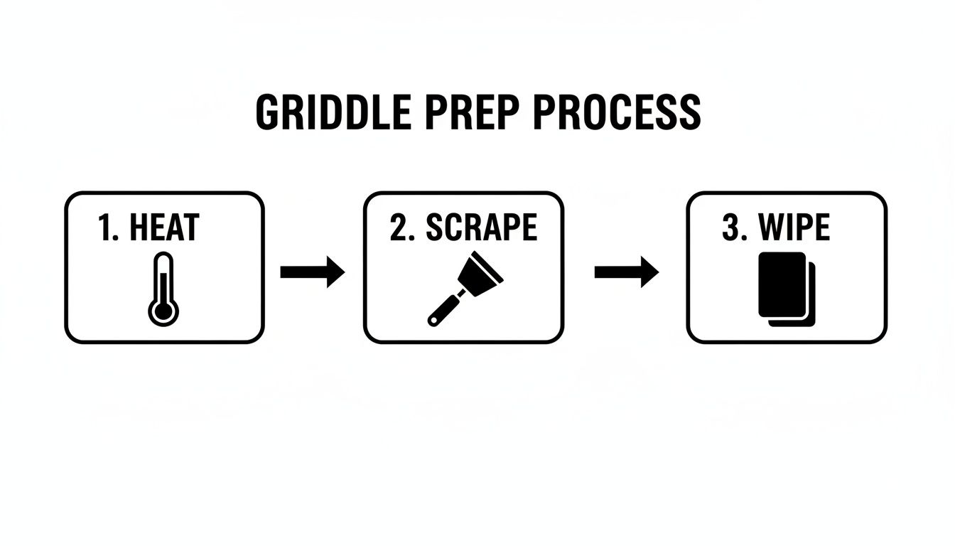 A visual guide illustrating the 3-step griddle preparation process: heat, scrape, and wipe.