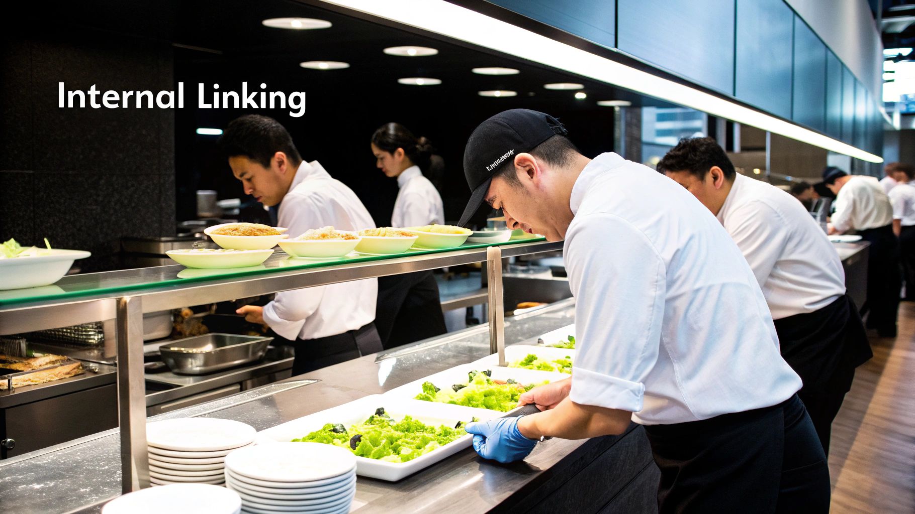 Professional chefs working in a clean, brightly lit kitchen, serving fresh meals along a buffet line.