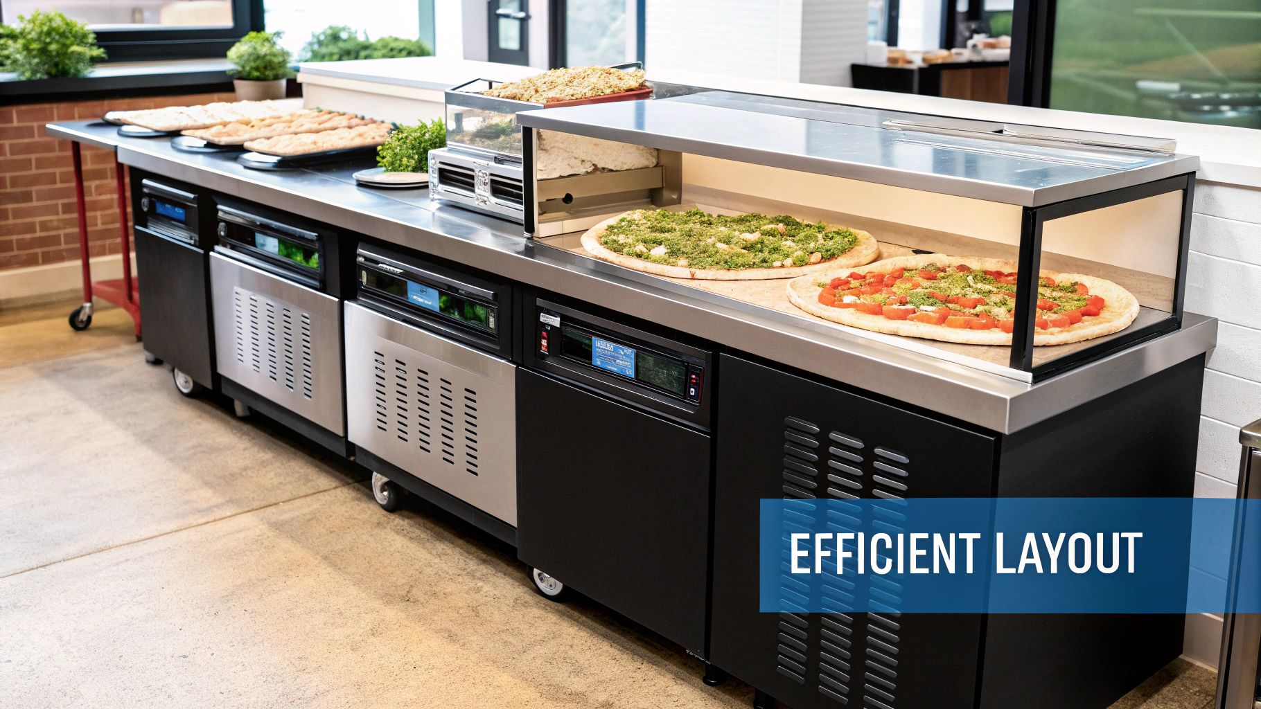 A pizzeria kitchen with a pizza prep table in the foreground, showcasing an efficient layout.