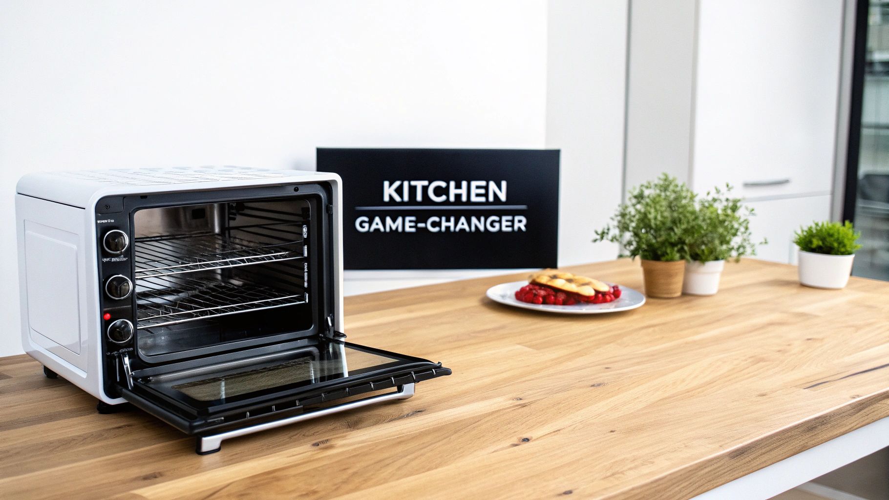 A modern tabletop convection oven on a kitchen counter, showing its compact size and digital display.