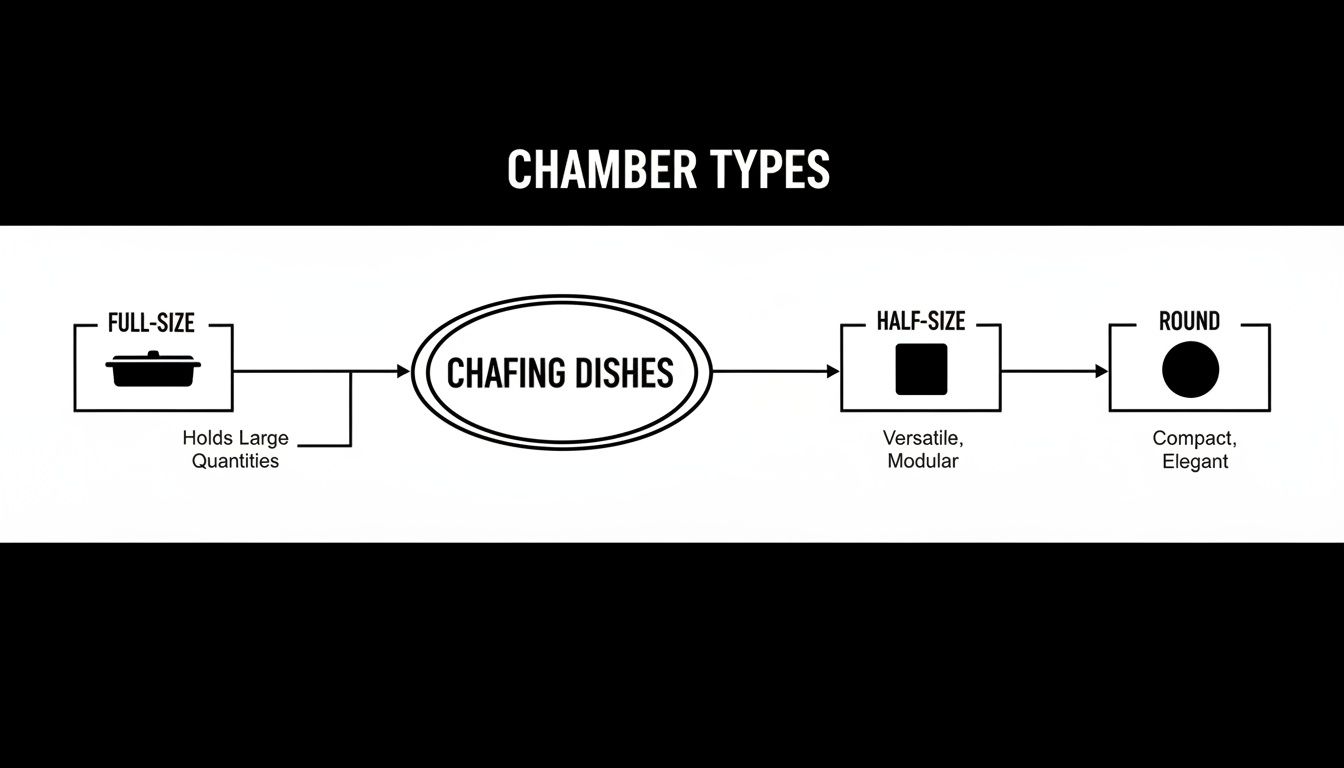 Flowchart illustrating different chafing dish types: full-size for large quantities, half-size versatile, and round compact elegant.