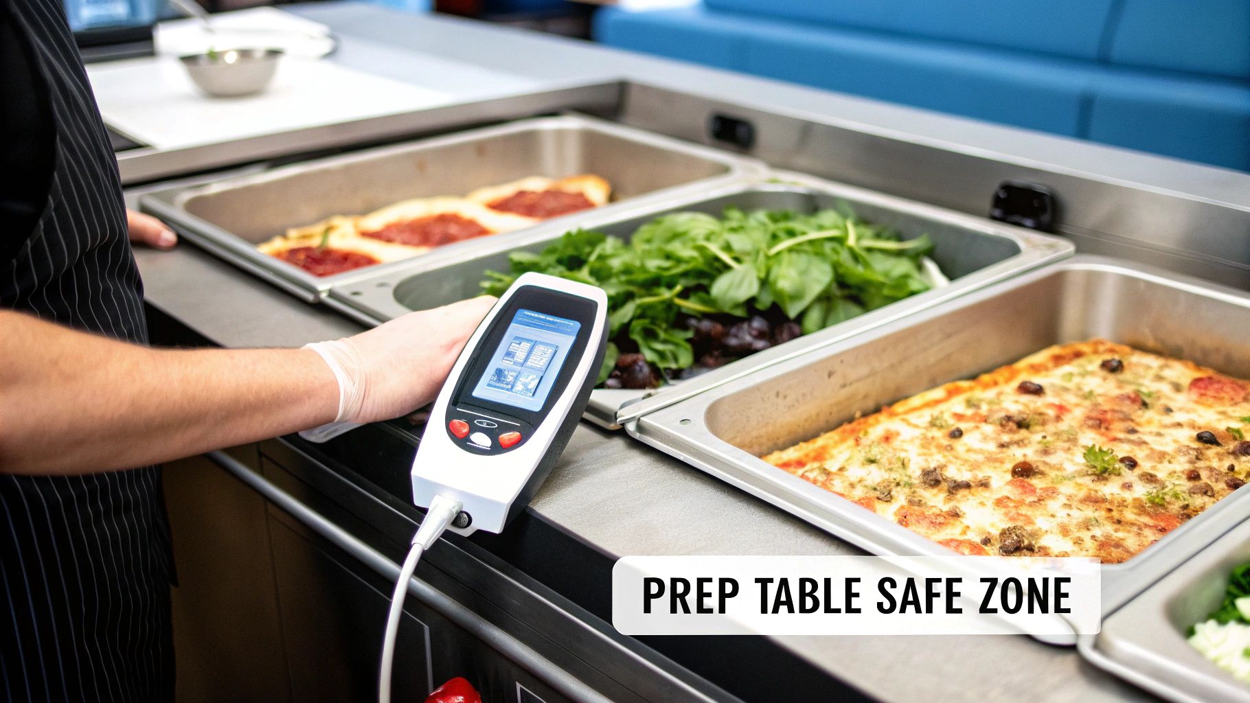 A gloved hand uses a digital thermometer to check food temperatures on a busy prep table.