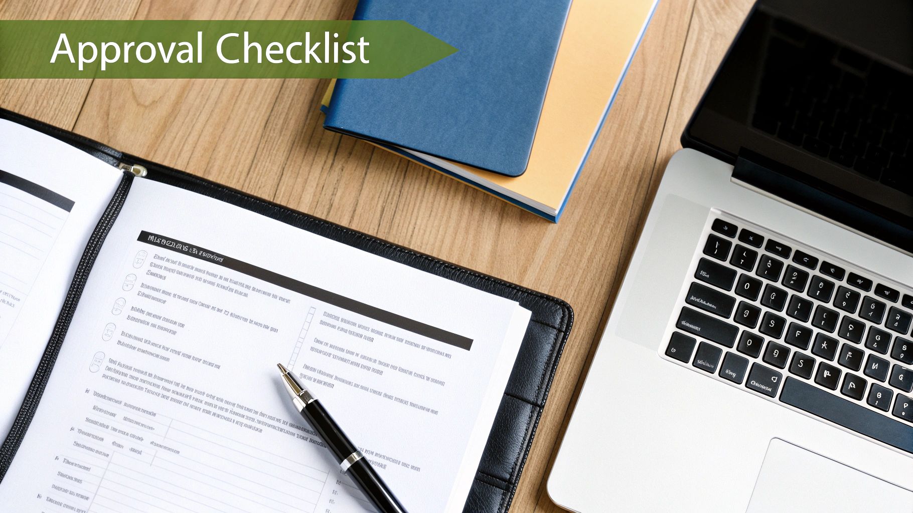 A top-down view of a work desk with an 'Approval Checklist' document, pen, laptop, and notebooks.