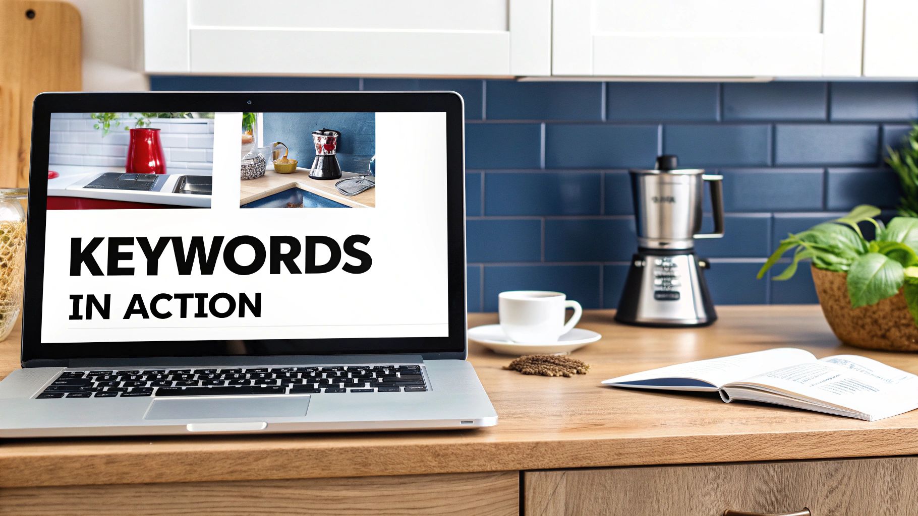 Laptop displaying 'Keywords in Action' on a wooden kitchen counter with a coffee maker and plant.
