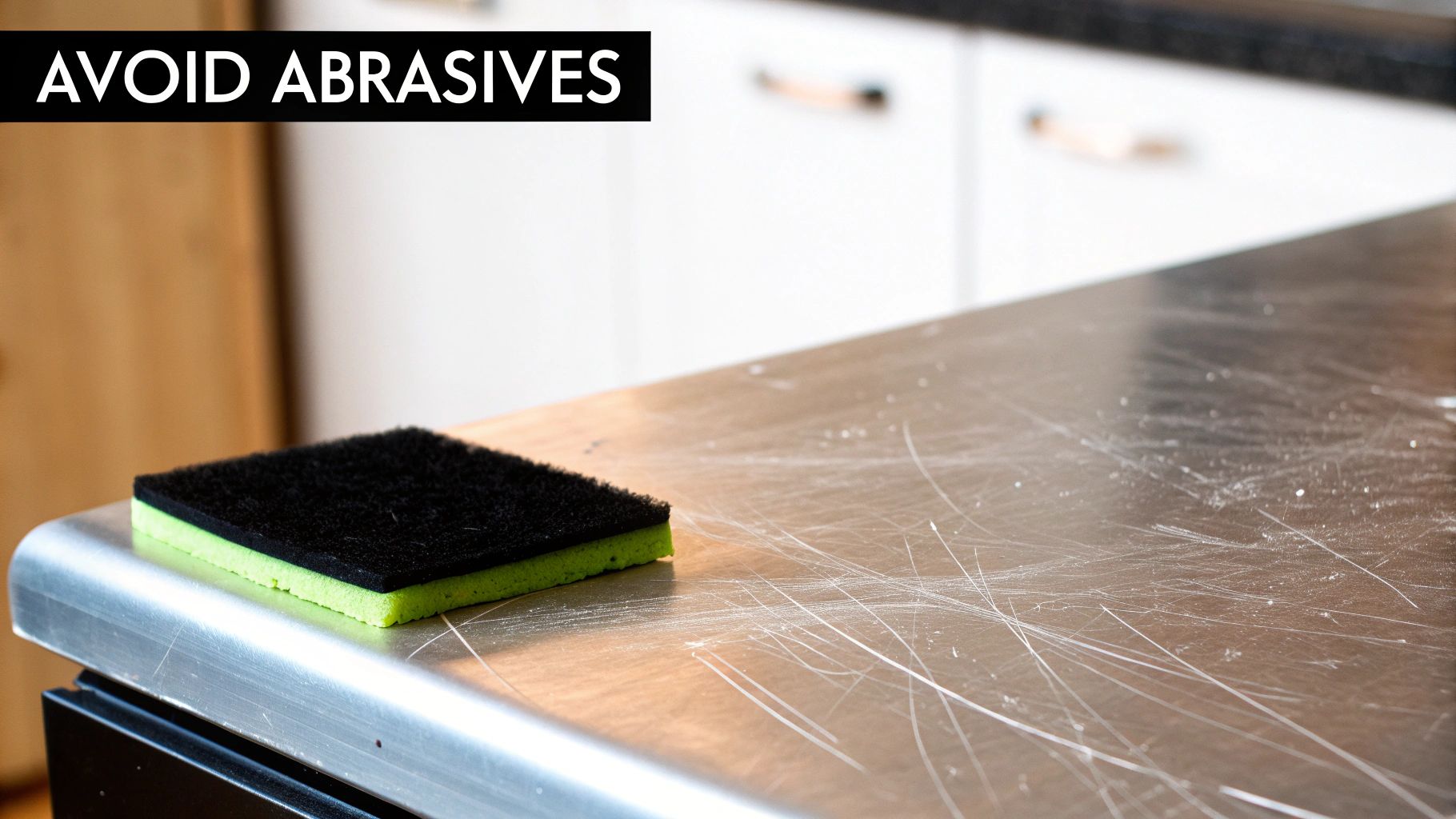 A black and green abrasive sponge rests on a heavily scratched stainless steel counter, with text 'AVOID ABRASIVES'.