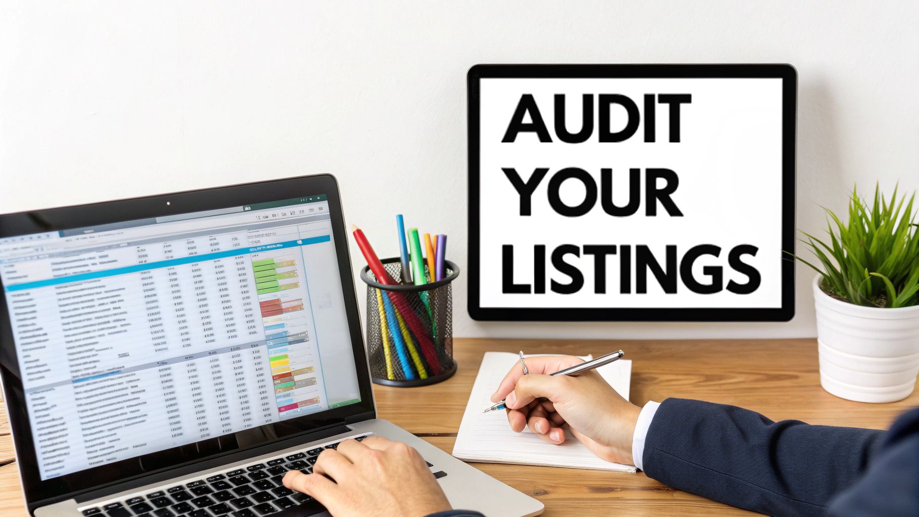 A person using a magnifying glass to examine a digital map with business location pins.