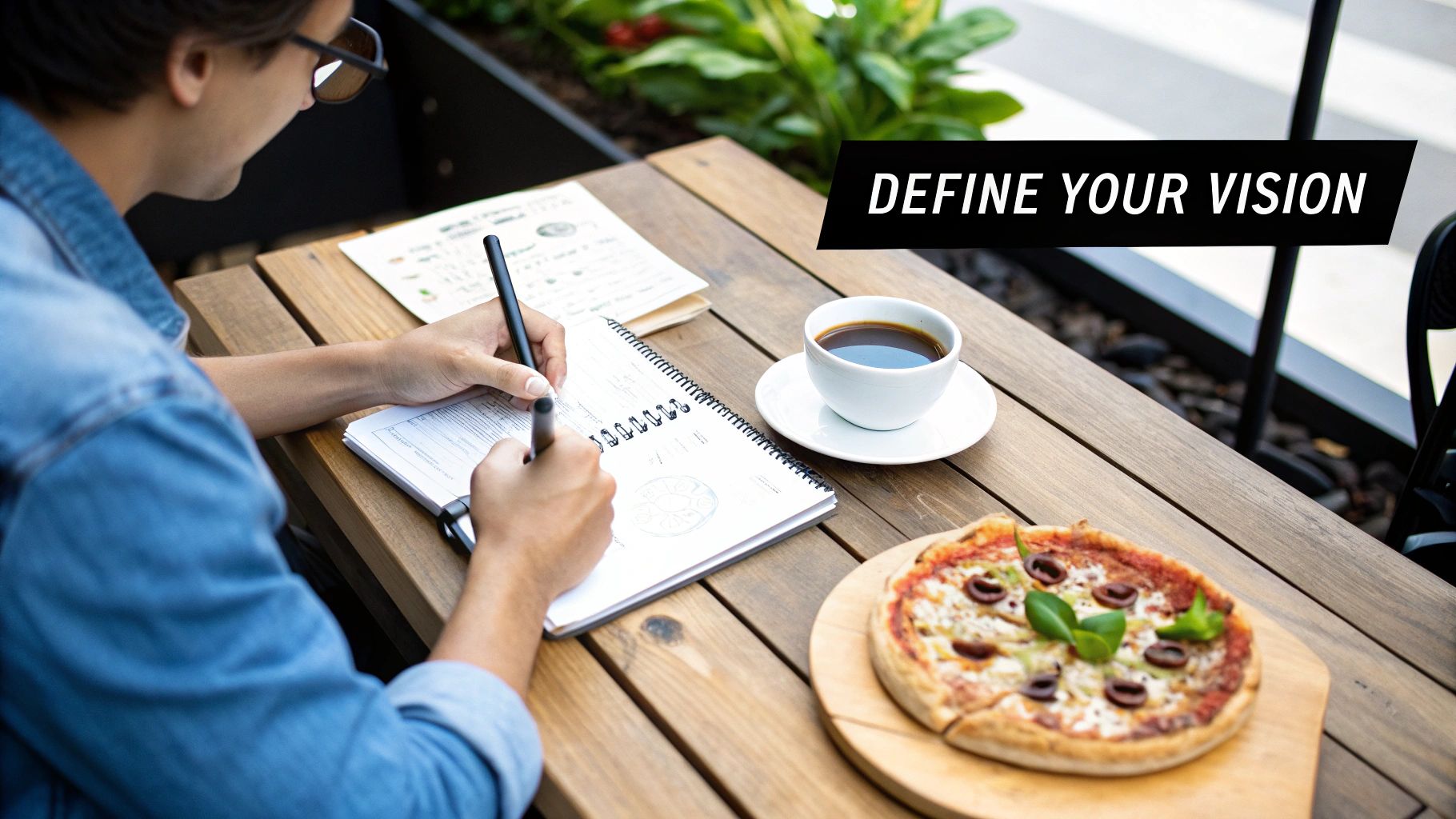 Person in sunglasses writing in a notebook at an outdoor cafe table with coffee and pizza.