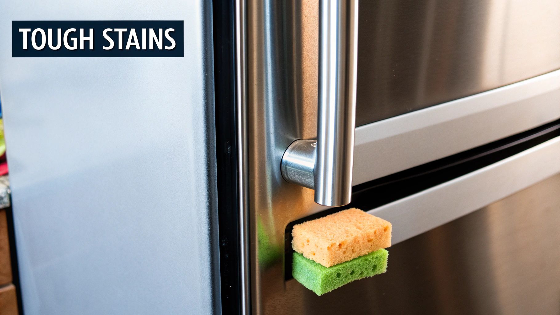 A close-up of a person cleaning a tough stain off a stainless steel refrigerator door.